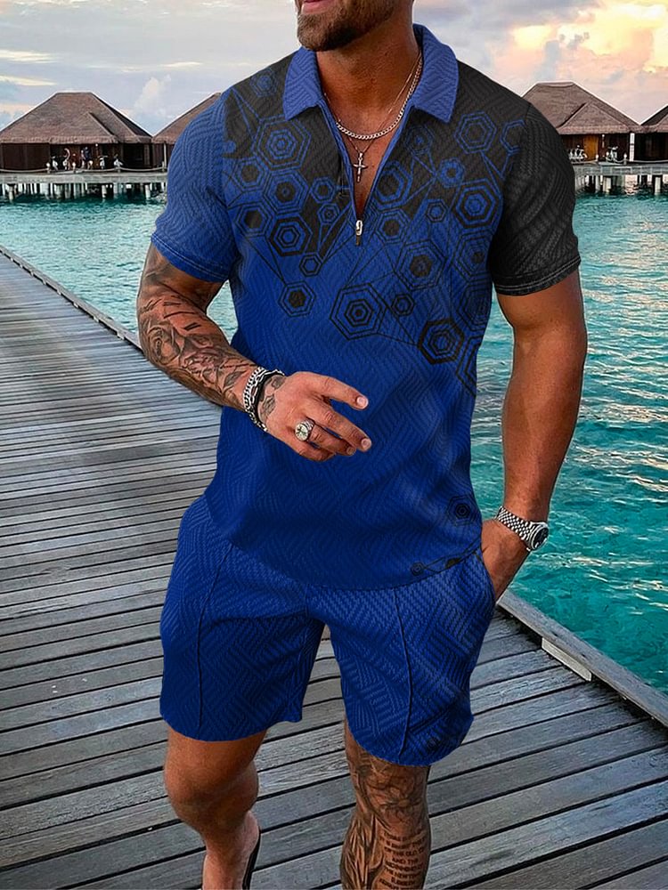 Men's Island Blue Geometrical Printed Polo Suit