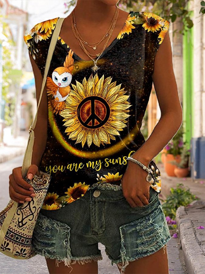Peace Print V-Neck Sleeveless T-Shirt