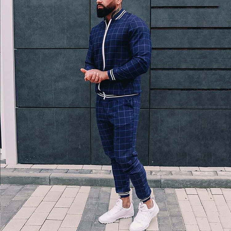 BrosWear Blue Check Jacket Suit and Causal Pants Two Piece Set blue