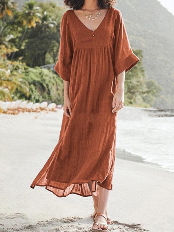 Women's solid color loose cotton and linen dress-Mayoulove