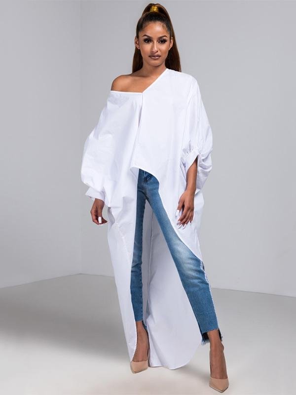 White Puff Sleeves High-low V-neck Shirt