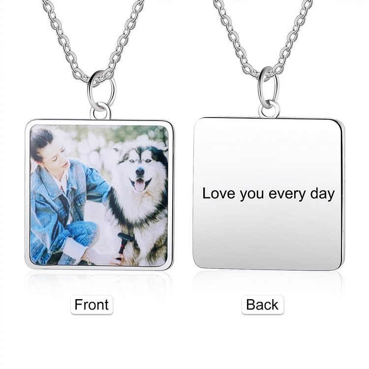 Custom Picture Necklace Square Pendant with Engraving, Custom Necklace with Picture and Text