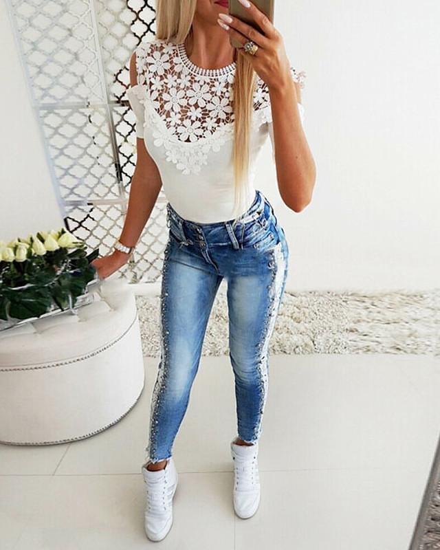 Women's T-shirt Floral Solid Colored Flower Round Neck Tops Slim Basic Top White Black Blue-0203816-Corachic