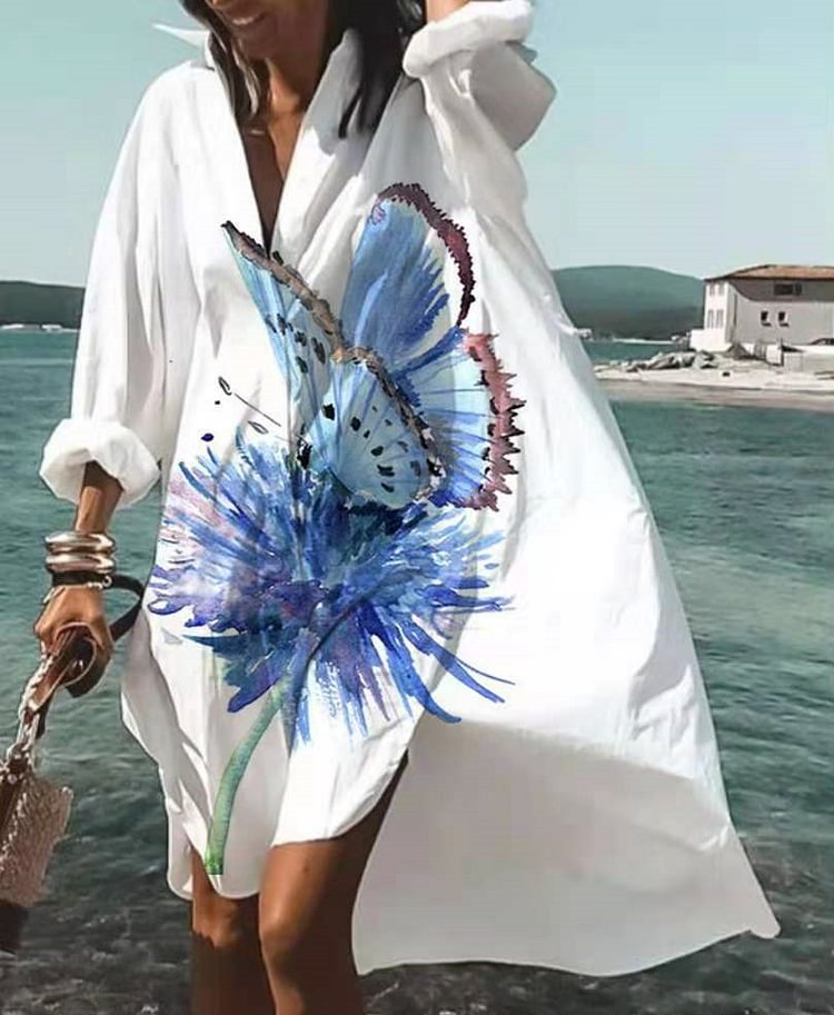 Summer Women Dresses Turn-down Collar Print Casual Long Sleeve Shirt Dress Plus Size Loose Beach Party Robe Blouse