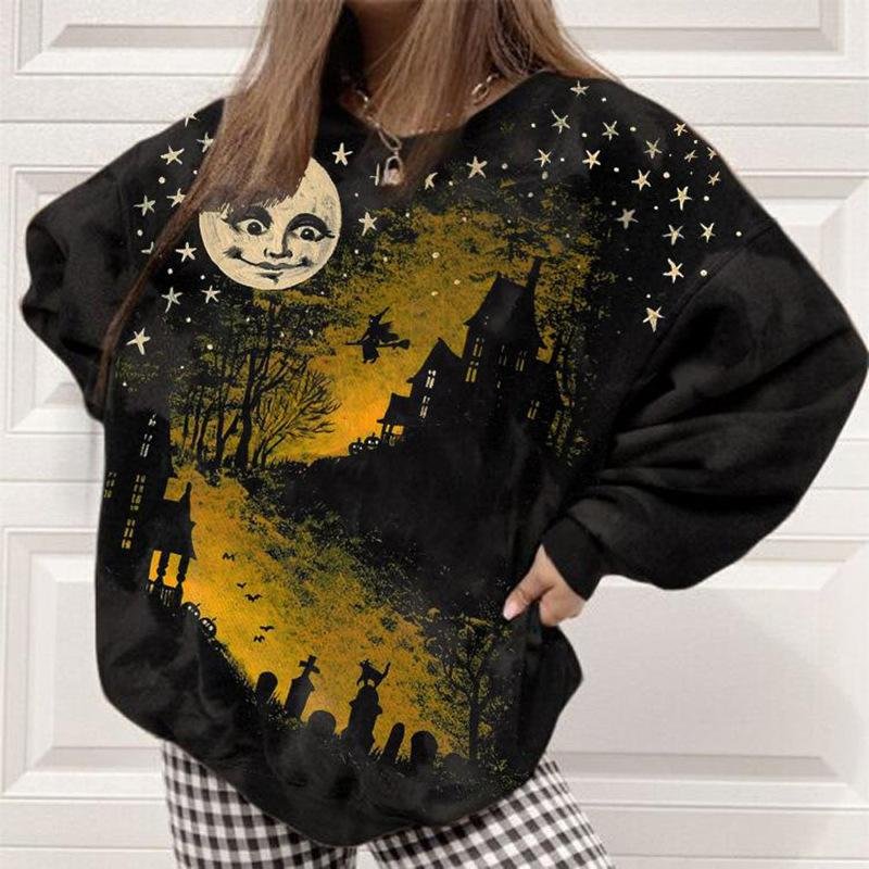 Ladies Sun Moon God Print Sports Long Sleeve Round Neck Loose Casual Pullover Sweater-Allyzone-Allyzone