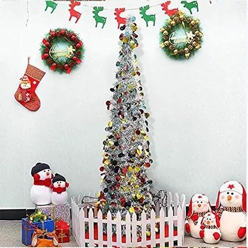 5ft Collapsible Artificial Christmas Tree, Pop Up Silver Tinsel、、sdecorshop