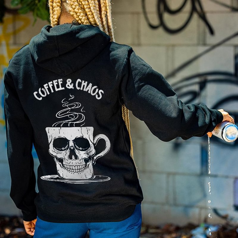 Coffee And Chaos Skull Cup Graphic Fashion Black Hoodie - Krazyskull