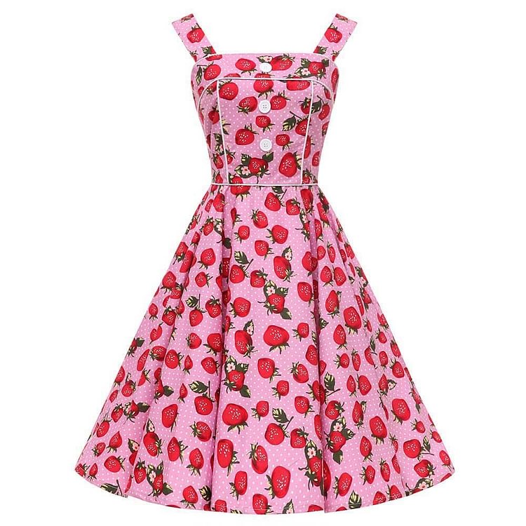Mayoulove Rockabilly Vintage Dress Strawberry Print Polka Dot Backless Button 50s Large Swing Dresses-Mayoulove