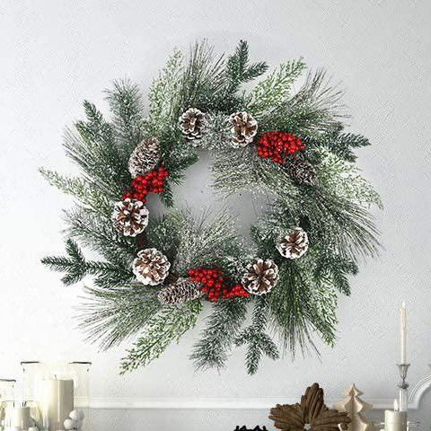 Red Berry Clusters and Pine Cone Winter Door Wreath Snowflake Christmas Wreath