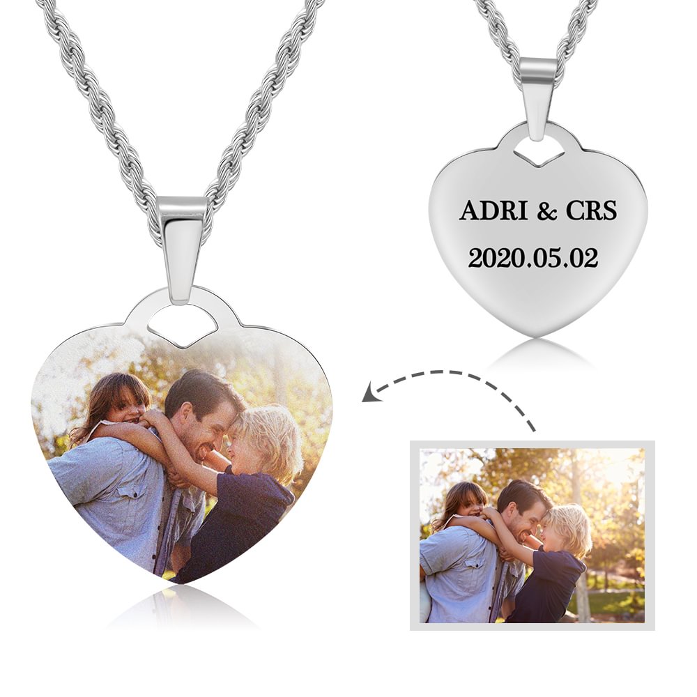 Engraved Heart Tag Picture Necklace Stainless Steel - Color Printing, Custom Necklace with Picture and Text