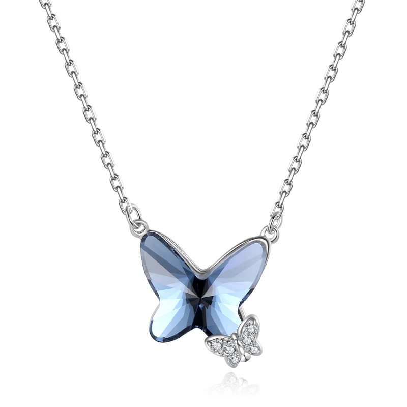 Silver Butterfly Blue Crystal Necklace