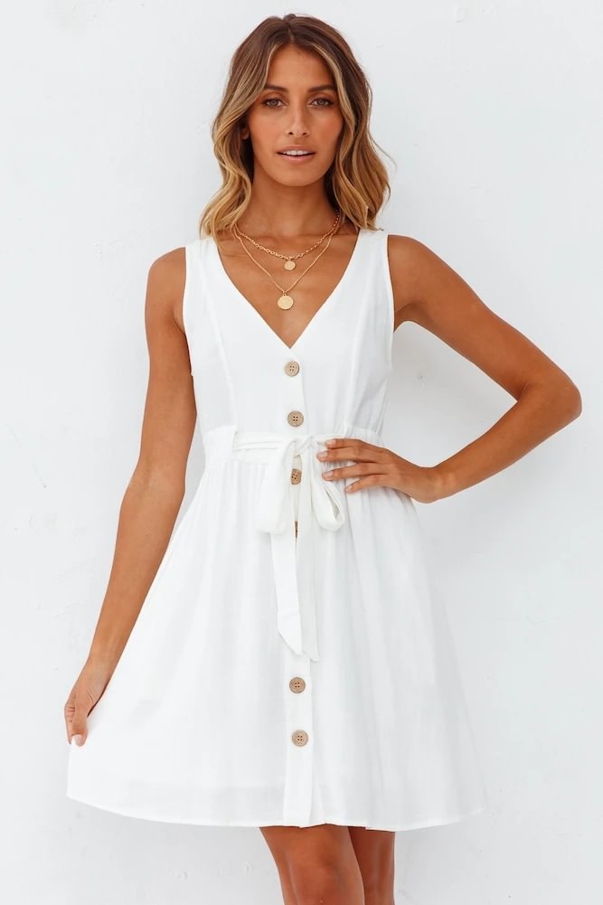Women Summer Dresses Sleeveless Casual Loose Swing Button Down White Midi Dress With Pockets