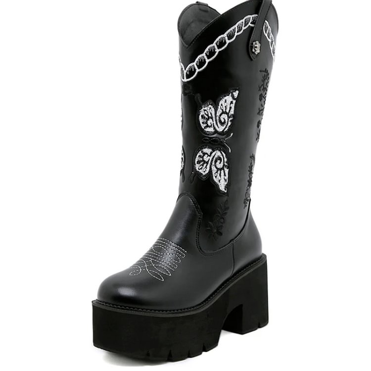 Thick Heel Butterfly Embroidery Western Boots
