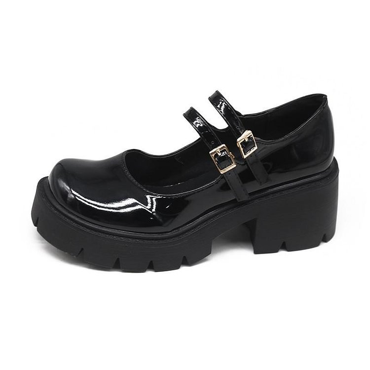 Women's Patent Leather Round Toe Black Double Buckles Mary Jane Shoes