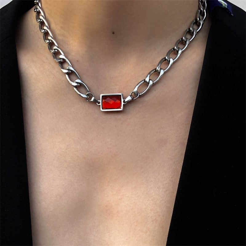 Punk Geometric Cuban Panel Necklace With Red Diamonds / Techwear Club / Techwear