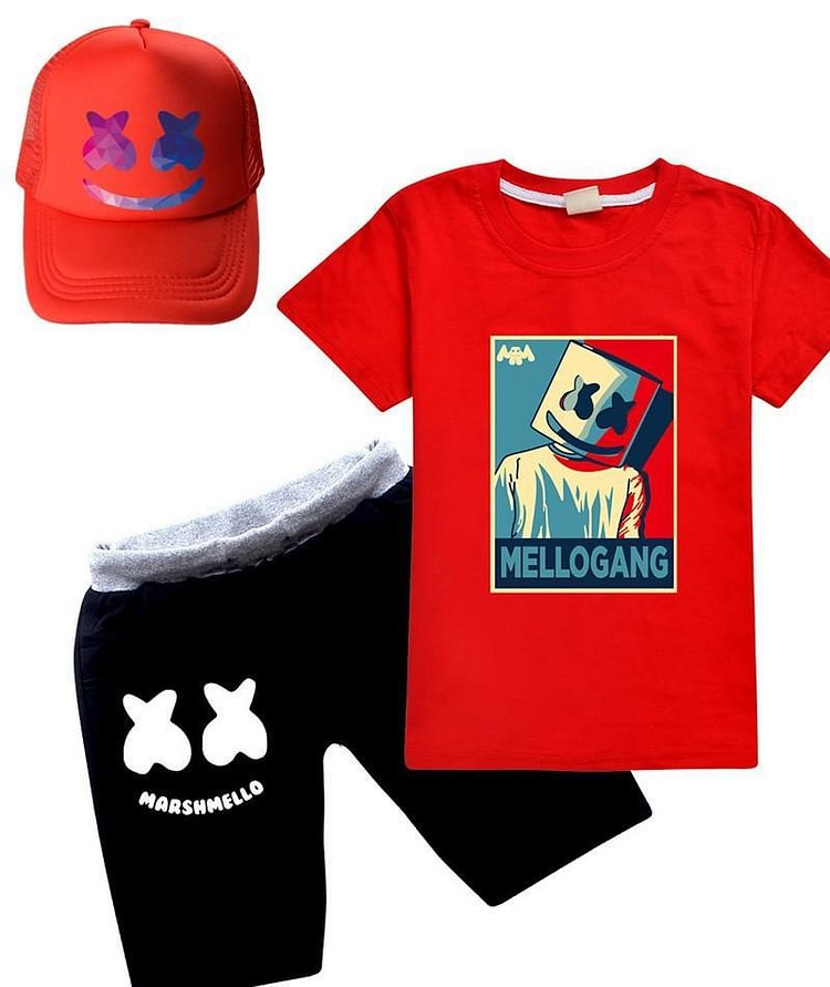 Girls Boys Dj Marshmello Cotton T Shirt And Shorts Outfit Set With Hat-Mayoulove