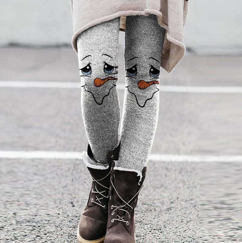 Snowman Face Christmas Style Pattern Women's Warm Cozy Knit Leggings