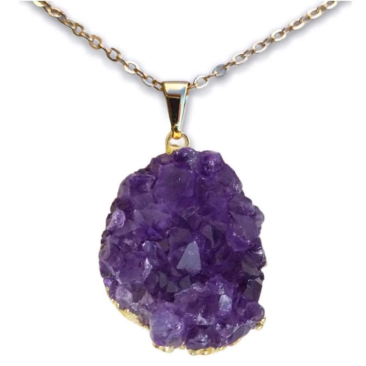 Raw Amethyst Druzy Pendant Golden Necklace-Mayoulove