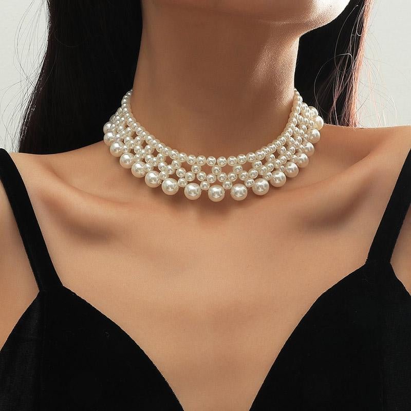 Beaded White Simulated Pearl Chokers Necklaces For Women-VESSFUL