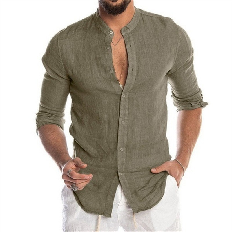 Solid Color Linen Long Sleeve Men's Shirts-VESSFUL