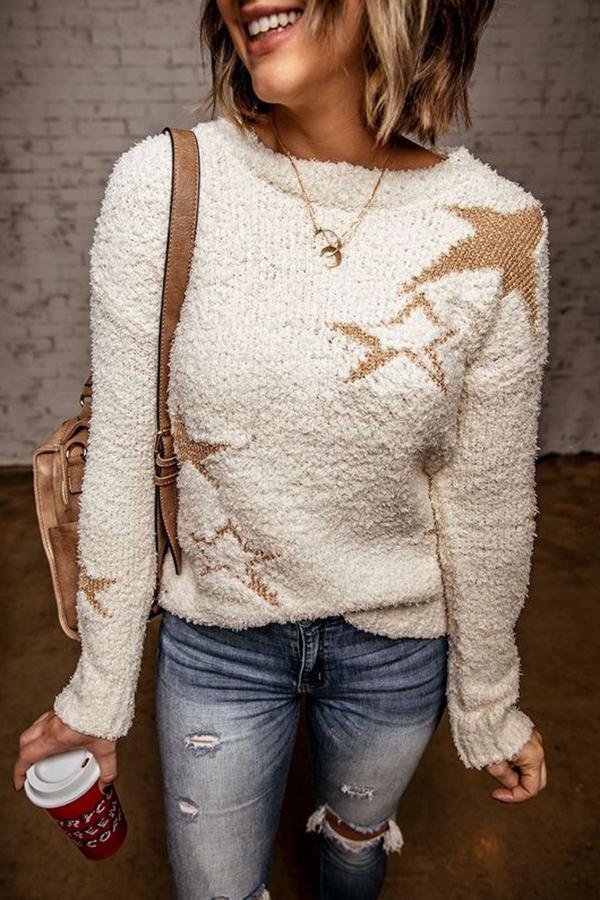 Womens Modern Smart Cute Stars Print Knitted Sweater-Allyzone-Allyzone