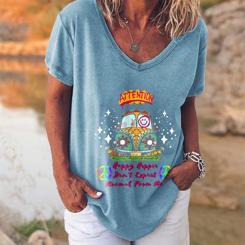 Attention Happy Hippie Don't Expect Normal From Me Printed T-shirt