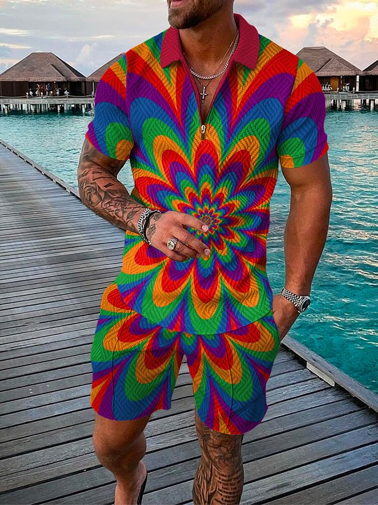 Men's Holiday Texture Tie-Dyed Printed Polo Suit