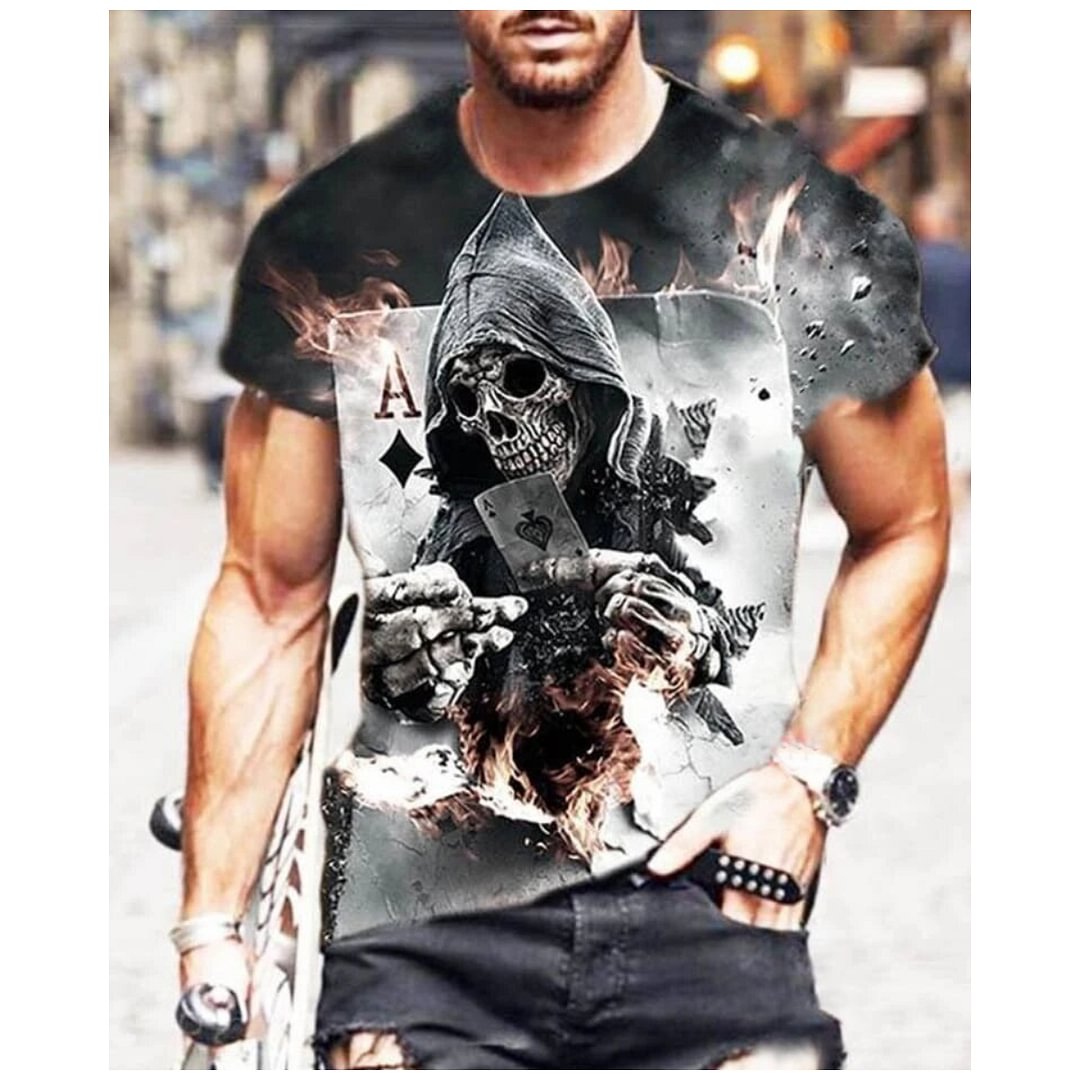 Men's Skull Playing Card Art Print Short Sleeve Crew Neck T-Shirt / [viawink] /