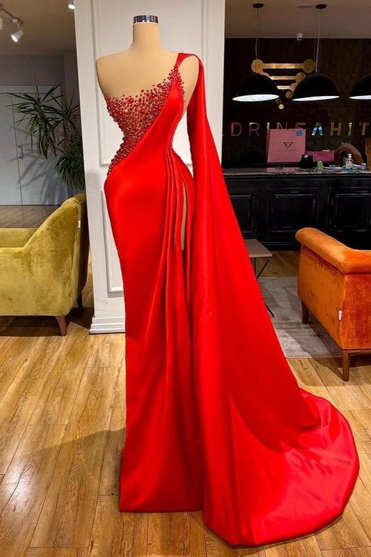Luluslly Red Ruffes Mermaid Prom Dress Split With Beading