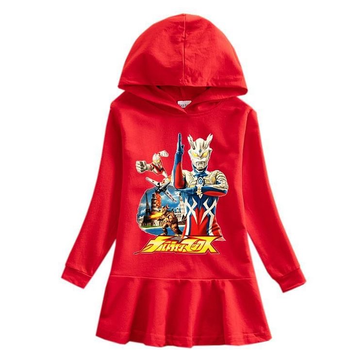 Ultraman Zero The Chronicle Print Toddle Girls Hooded Frill Hem Dress-Mayoulove