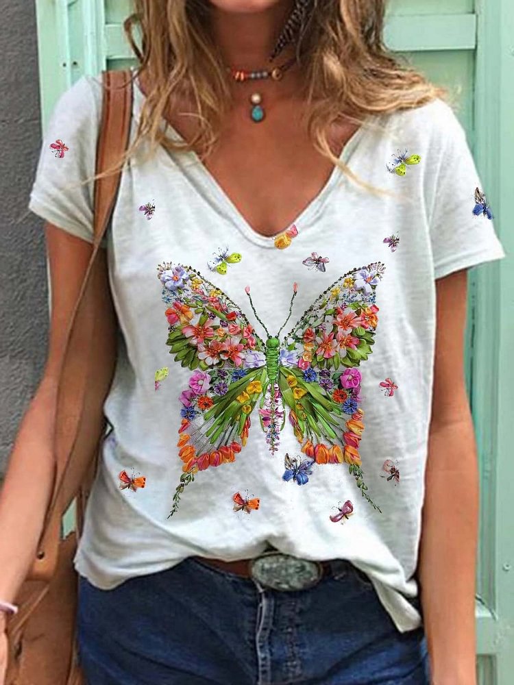 Flowers Butterfly Print Cozy T-shirt