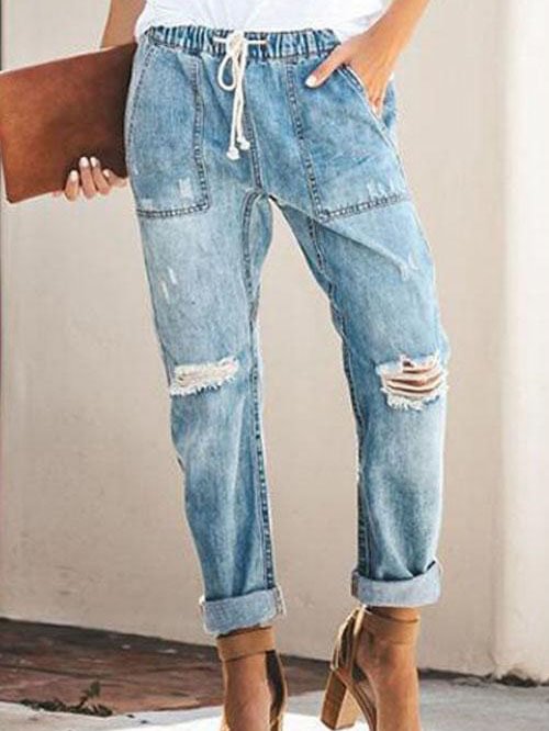 Elastic Waist Ripped Jeans
