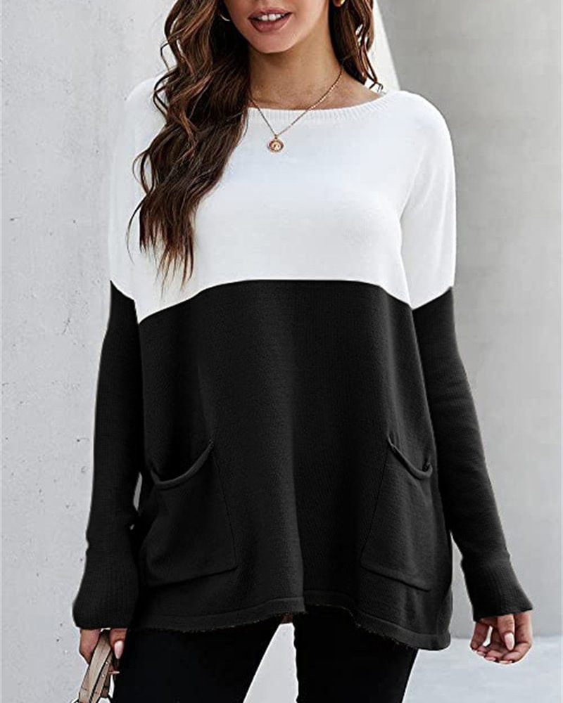Knitted long-sleeved color block pullover top