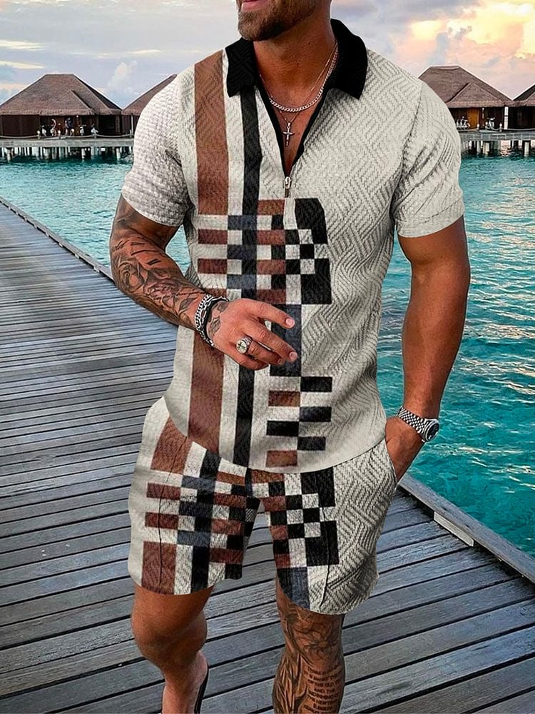 Men's Printing Color Contrast Polo Suit