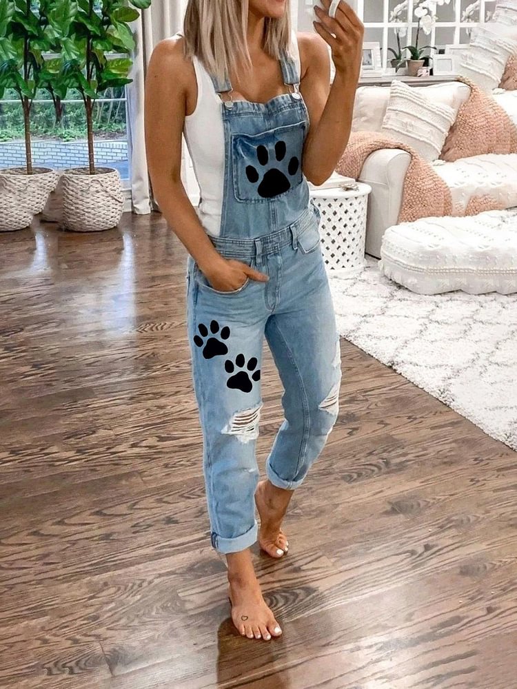Paws Printed Pockets Women Denim Jumpsuits & Rompers