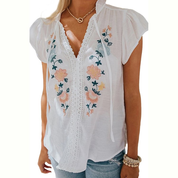 Women's Floral Embroidery Short Sleeve Blouse Female