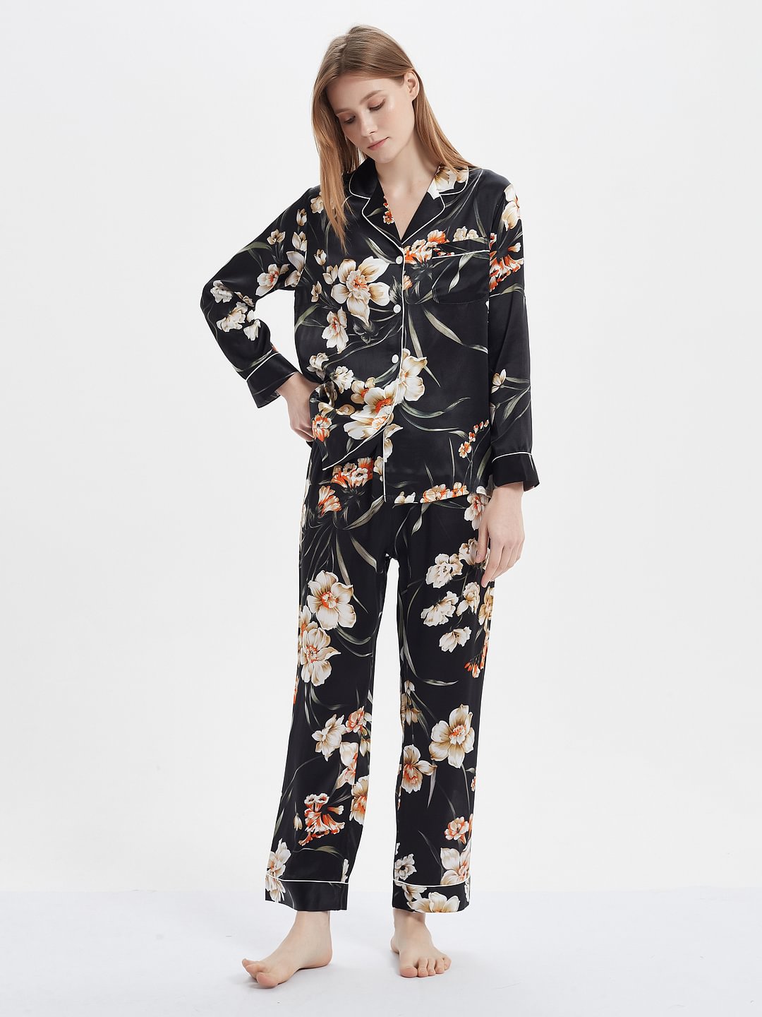 Printed Real Silk Pajama Set Women's Style Black