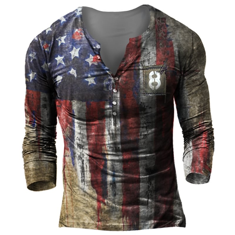 Men's outdoor flag print v-neck long-sleeved T-shirt / [viawink] /