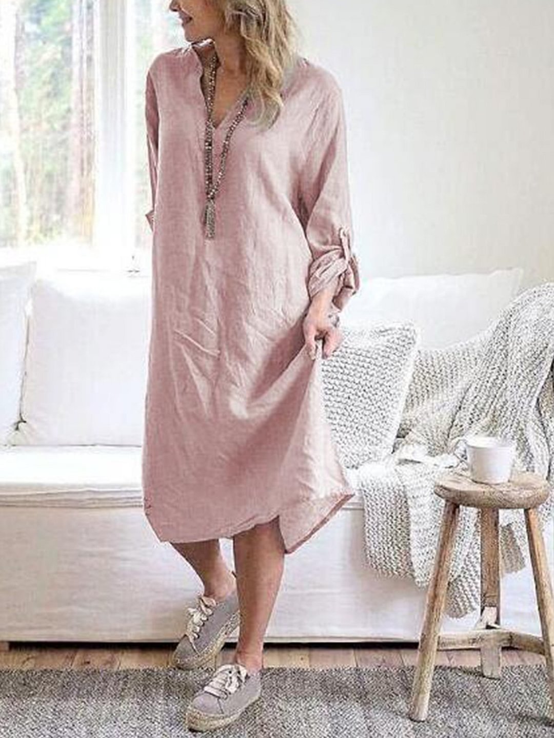 Long Sleeve Vintage Cotton Solid Casualdress-Corachic
