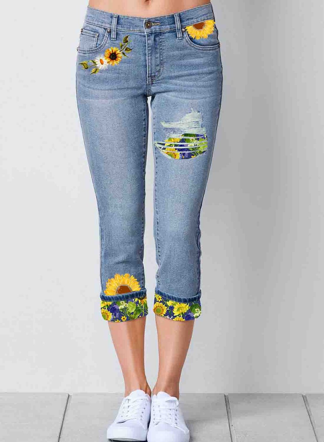 Sky Blue Women's Jeans Slim Mid Waist Sunflower Print Capris Jeans LC782307-4