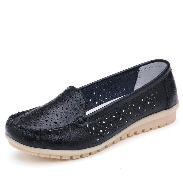 Women Genuine Leather Cutout Loafers Slip On Ballet Flats Shoes-Corachic