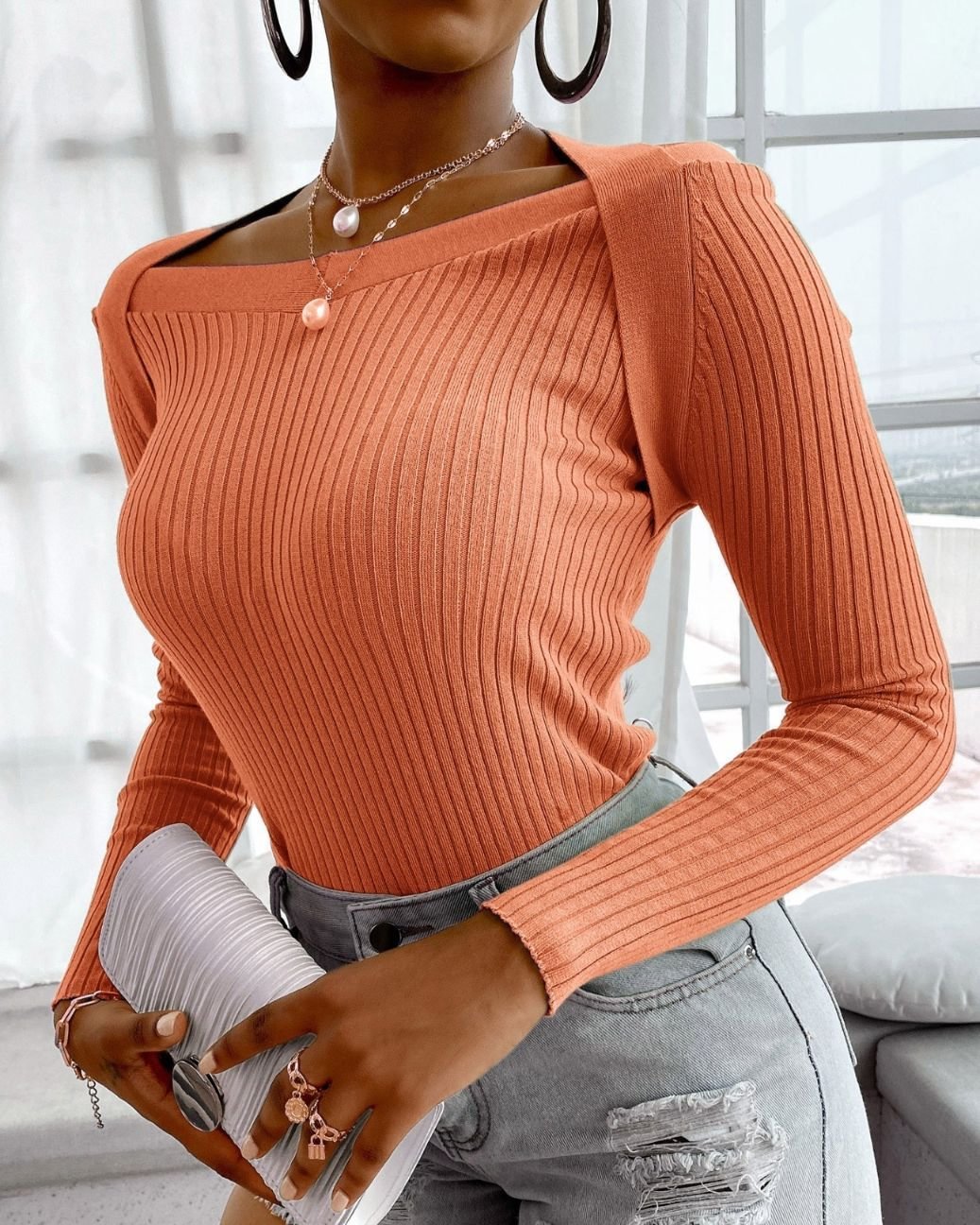 Plain Halter Long Sleeve Knit Sweater P13969