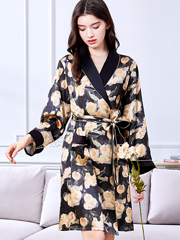 Classic Floral Printed Mid Length Silk Robe-Real Silk Life