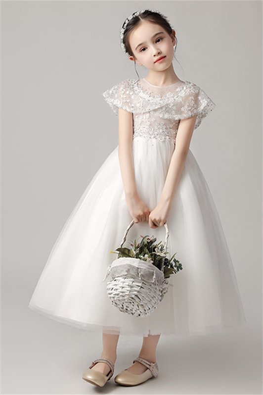Luluslly Tulle Flower Girl Dress Appliques WIth Cape Sleeves