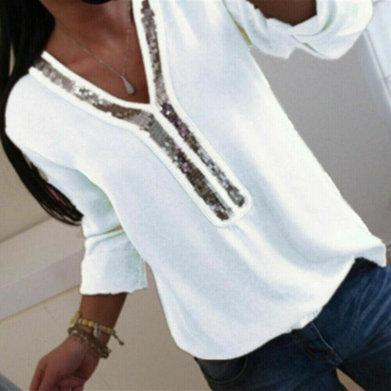 Hirigin Fashion Women Ladies Long Sleeve Loose Blouse Summer V-Neck Casual Shirts Tops Clothing Sequined Casual Soft Clothes P12331