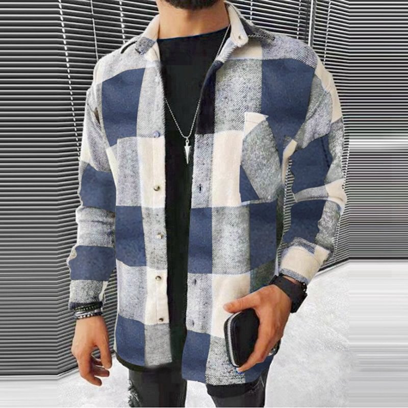 Spring Autumn Streetwear Block Plaid Long Sleeve Thick Shirts for Men-VESSFUL