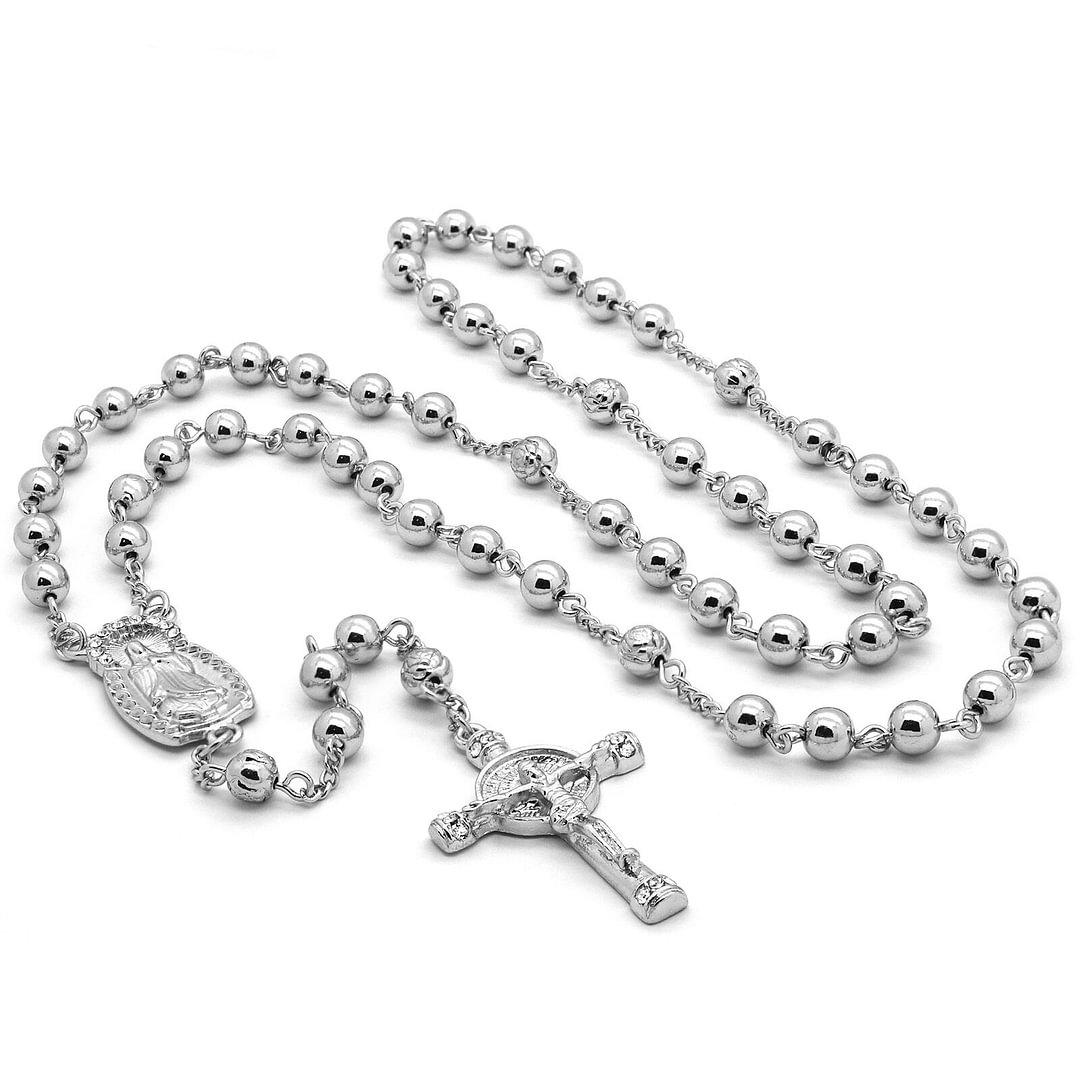 Silver Tone Crystal Beads Guadalupe Rosary & Cross Pendants-VESSFUL