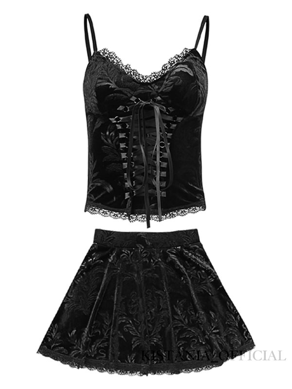 Sexy Gothic Lace Spaghetti Backless Bandaged Black Cropped Tank Top+Goth Floral-print Lace Paneled Black Skirt