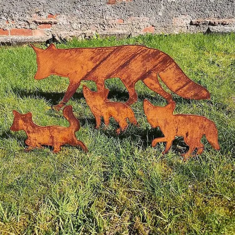 Rusty Metal Family of Foxes Garden Ornaments Outdoor Yard Decoration - tree - Codlins