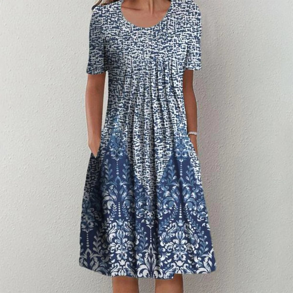 Temperament Blue Vintage Print Midi Dress